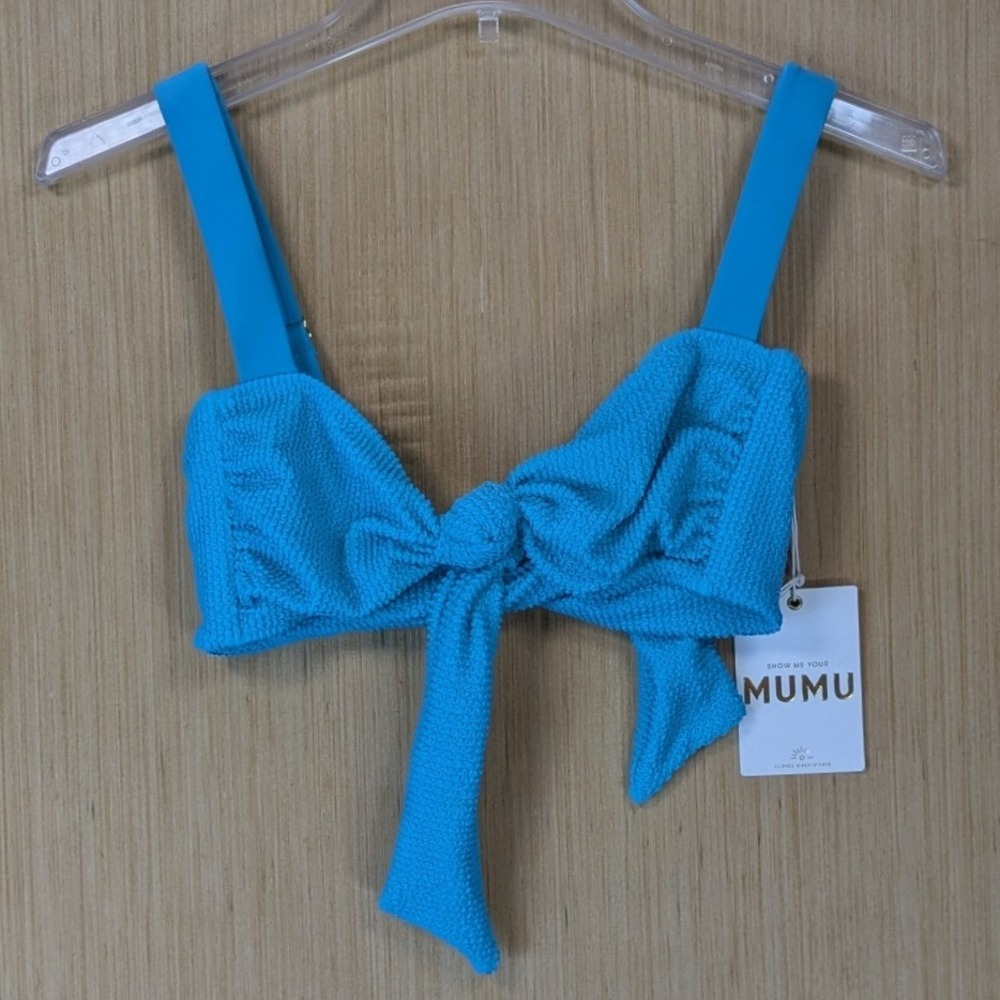 Show Me Your Mumu Blue Smocked Front Tie Bikini Top Size S Swim Beach NWT